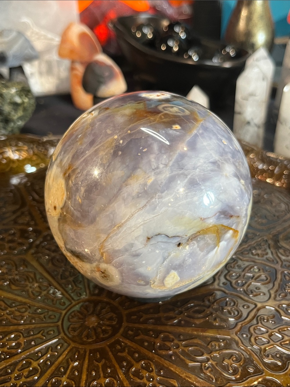 Petrified wood and chalcedony sphere